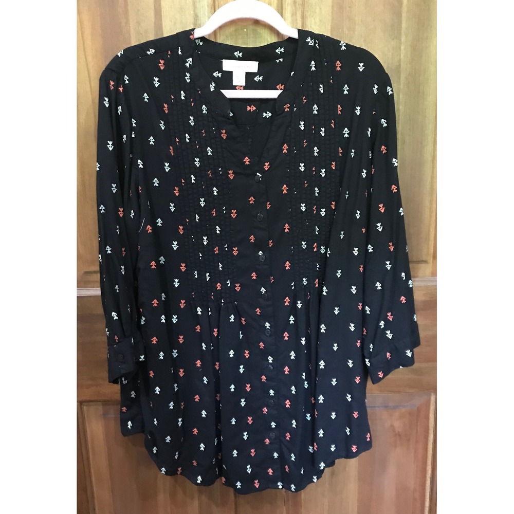 Coldwater Creek Womens Black Rayon Pintuck 3/4 Sleeve Arrow Print Blouse 2XL